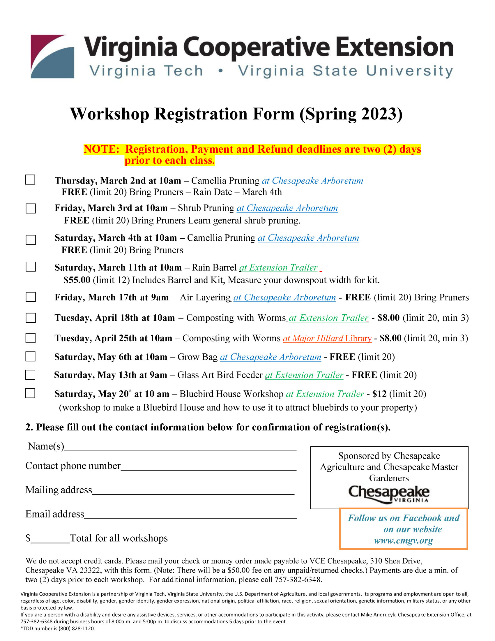 2023 Spring Workshop Schedule